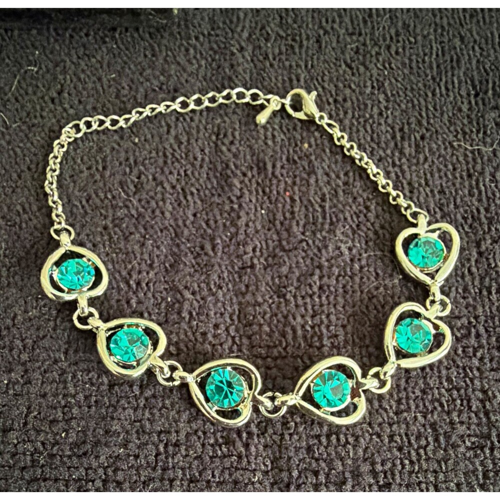 Silver Tone Heart Dangle Charm Cable Chain Bracelet w 5 Teal Round Crystals